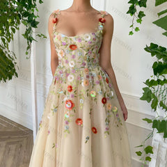 Floral Prom Gown A-Line Sweetheart Flowers Lace Appliques Tulle Long