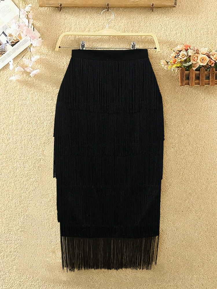 Women Fringe Bodycon Pencil Skirts Black Tassel High Waist Stretch Sheath Midi