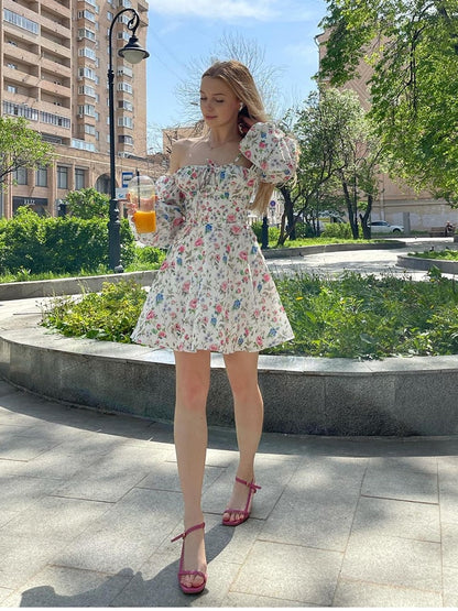 Floral Dress Women Lantern Long Sleeve Ruched Print A Line Square Neck Tie up Mini Vestidos Sexy Chic Summer Beach Dress