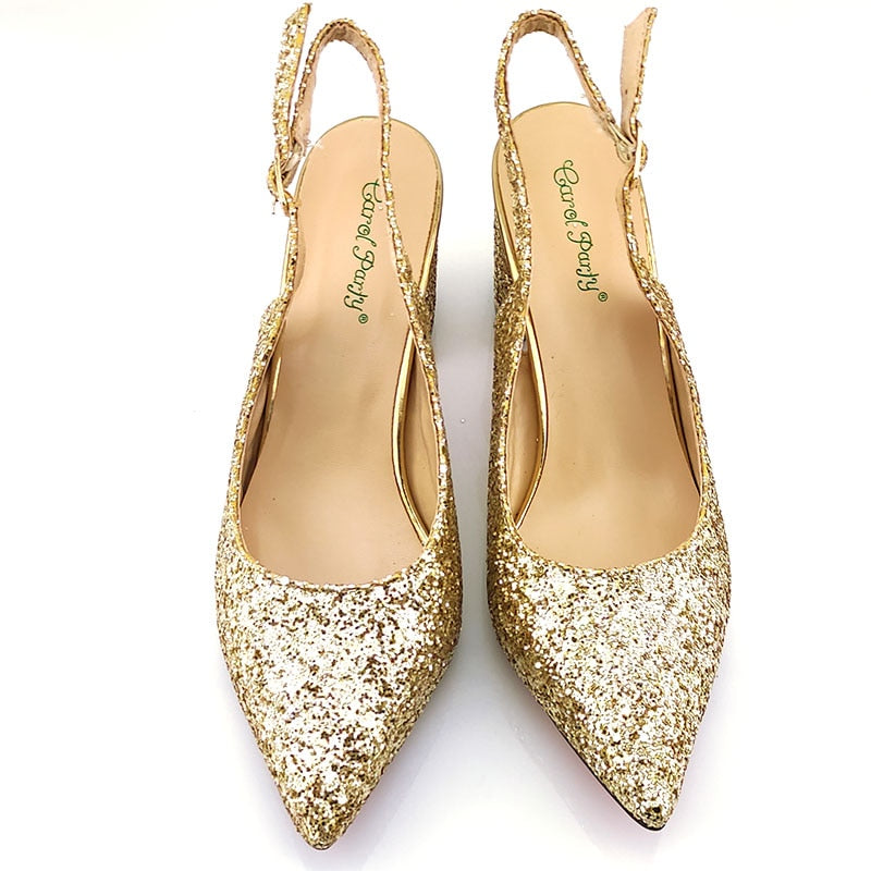 Italian Designer Ladies Shoes and Bag Matching Gold Color African Shoes and Bag
