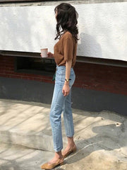 Jeans Women High Waist Streetwear Cotton Casual Denim Pants Trousers Straight