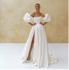 Wedding Dress Short Puff Sleeves Simple Plain White Bridal Gown