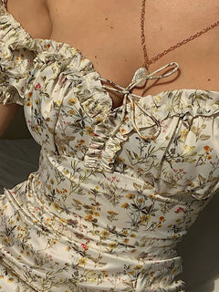 WannaThis Summer Floral Off Shoulder Puff Sleeve Maxi Dress For Woman Robe