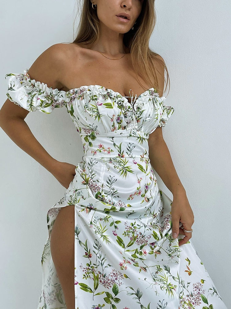 WannaThis Summer Floral Off Shoulder Puff Sleeve Maxi Dress For Woman Robe