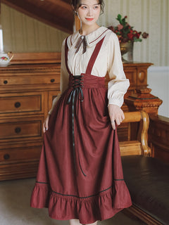 Women Long Midi Suspender Skirt Teen Girls Preppy Style Cute Lace-Up High Waist
